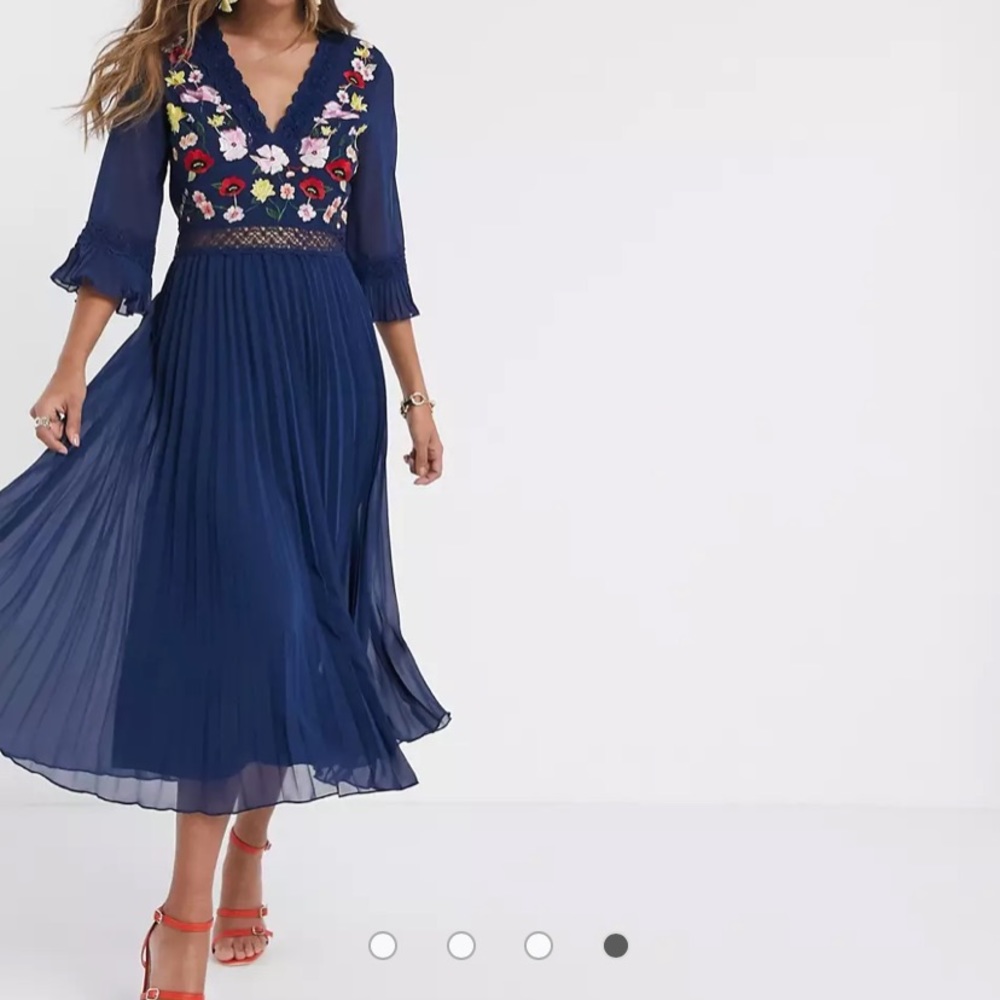 ASOS blue pleated midi dress w/ floral embroidery